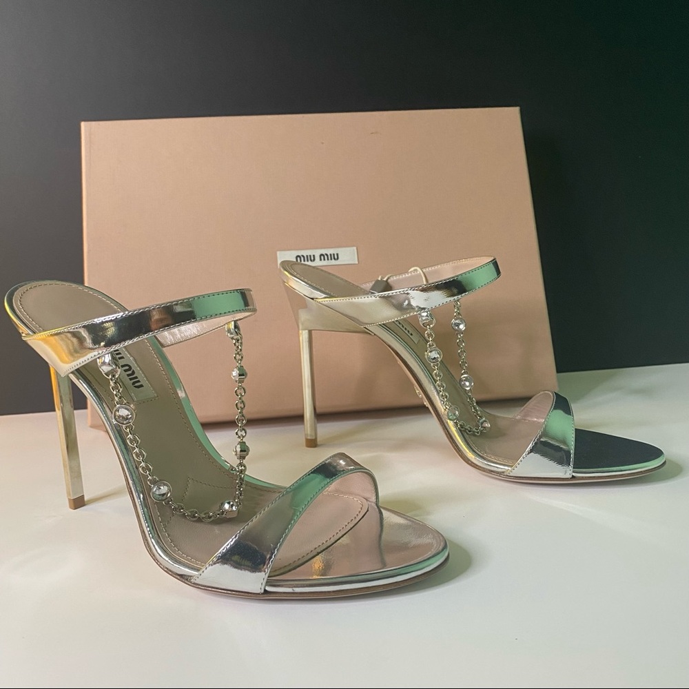 MIU MIU Silver Mirrored Leather Crystals Chain Slide